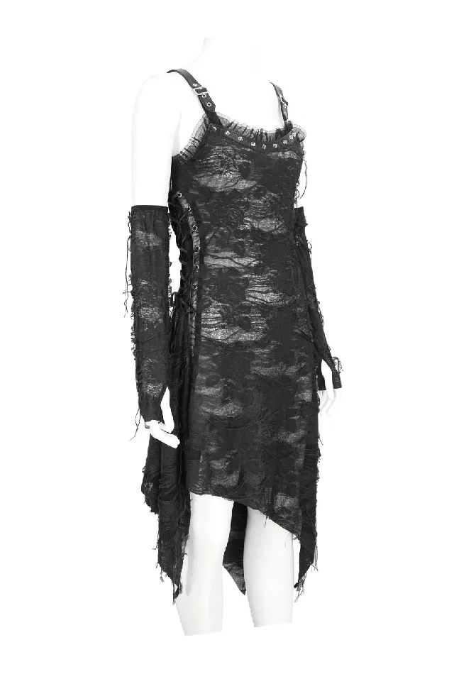 EVEs SECRETS Anal Gothic Punk Black Ripped Dress with Long Gloves